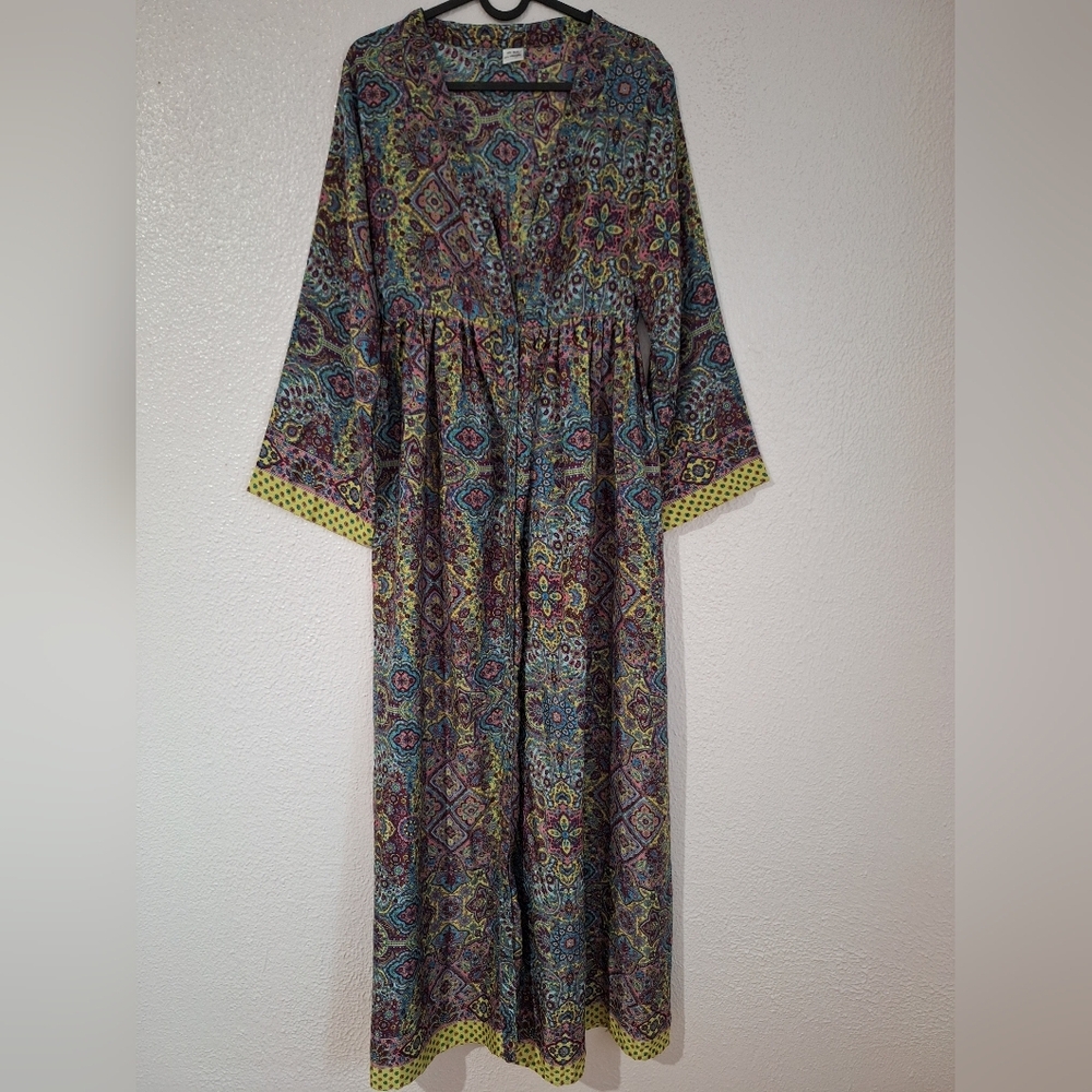 90%SILK10%VISCOSE ONE SIZE Blue and Green Tiered Button Down From Maxi Sundress